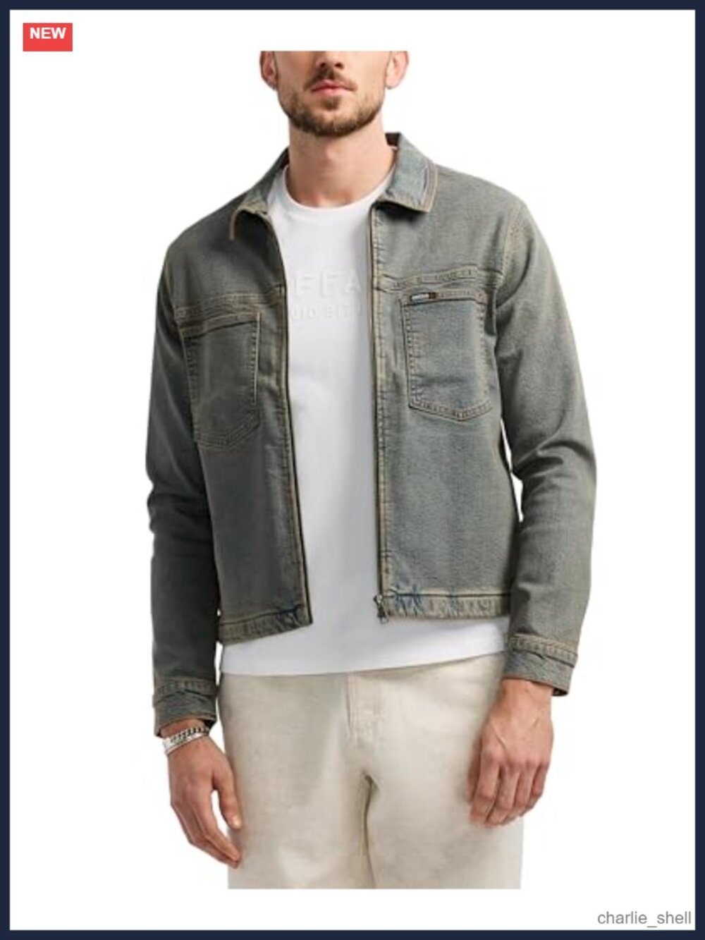 Mens Trucker Denim Jacket Vintage Style Shacket Zip Front Lightweight